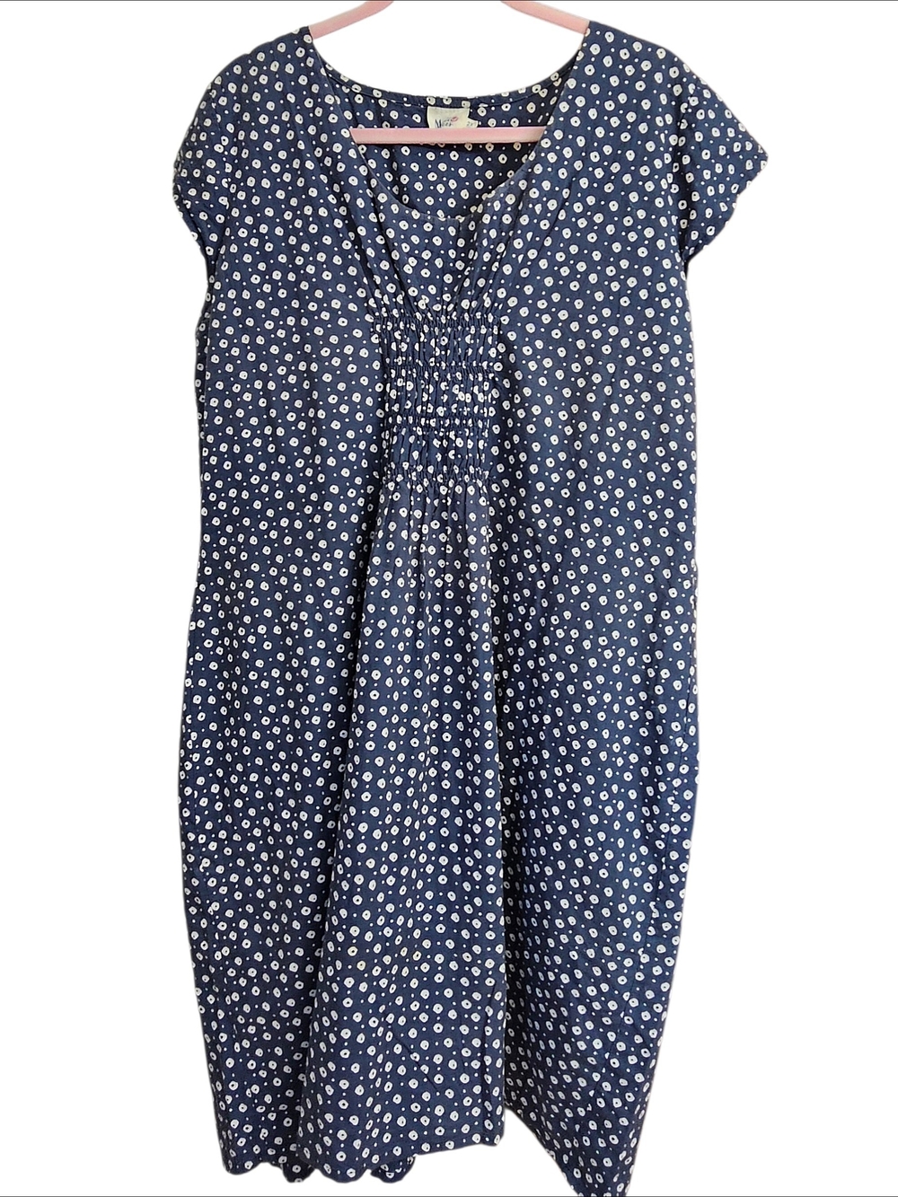 Mata Traders 2X Blue Gray Dot Print Smocked Empire Waist Midi Dress